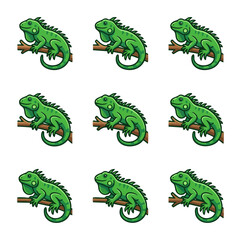 Obraz premium Nine green iguanas perched on tree branches repeating pattern
