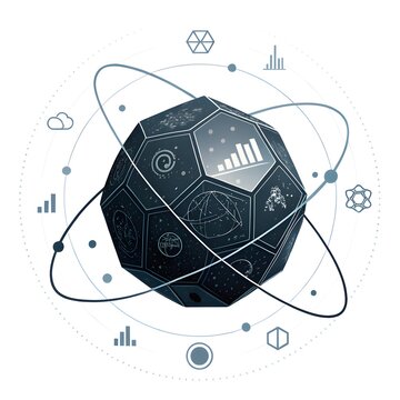 Dark polyhedron sphere with scientific diagrams and planetary orbits illustration scientific diagram planetary orbit astronomy