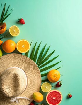 A refreshing assortment of summer fruits and a straw hat are artfully arranged on a vibrant turquoise background.