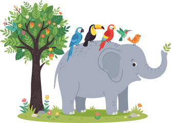Naklejka premium A friendly gray elephant carrying a group of colorful tropical birds on its back.