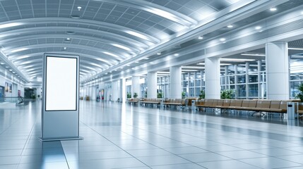 Naklejka premium Empty modern airport terminal with blank digital advertising