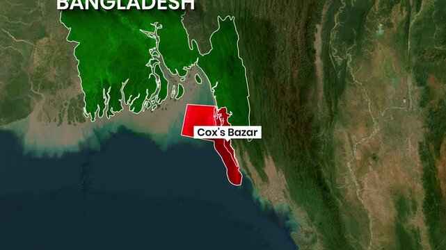 Cox's Bazar is highlighted on the Bangladesh map in this animated motion footage