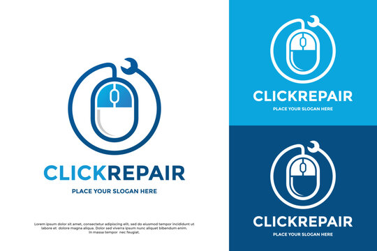 Computer mouse with a circular wrench tool logo. Ideal for IT support, computer repair, tech service, and device maintenance.