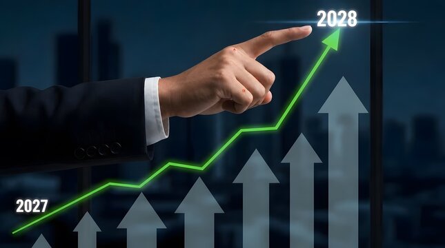 Businessman points at upward trending graph showing planing and growth from 2027 to 2028
