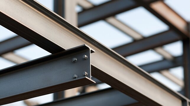 Close-up of steel beams connected with bolts at
