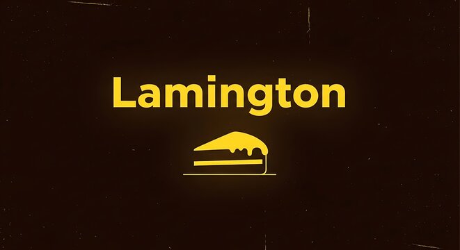 Minimalist Lamington text and cake slice illustration.