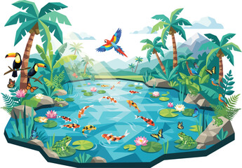 Naklejka premium Vibrant tropical pond scene featuring colorful koi fish and exotic birds.