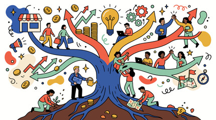 Naklejka premium Playful hand drawn doodle vector illustration of a business growth tree with branches showing team collaboration, startup investment, e-commerce, and strategy.