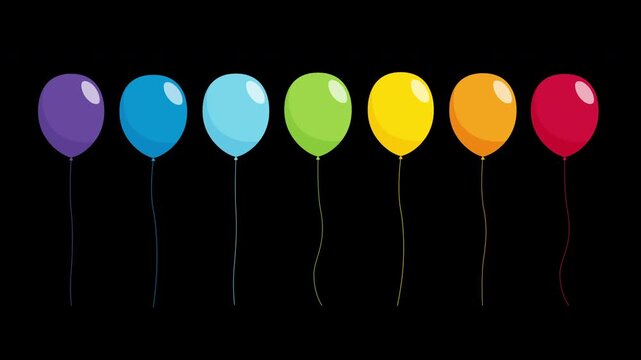 4K video overlay floating balloons with curved strings on a dark background, for celebrations, parties, birthdays, events