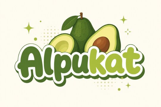 A charming and playful avocado-themed logo illustration featuring the word &ldquo;Alpukat&rdquo; in thick, rounded, bold lettering.
