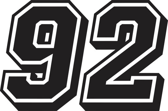 Black and white number 92 sports typography vector illustration