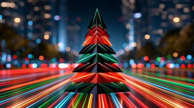 Abstract christmas tree glowing city night light trails