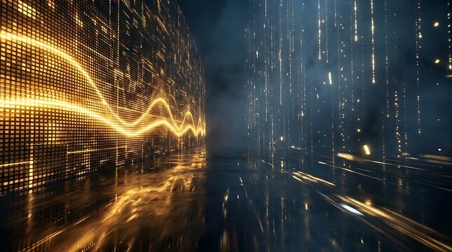 Abstract golden digital data stream and particle motion