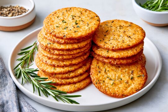 Stacks of parmesan frico crisps with rosemary