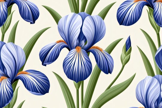 Blue iris flowers seamless pattern with green leaves