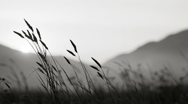 Silhouetted wild grass swaying against misty mountain backdrop