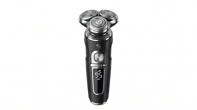Modern electric rotary shaver with triple heads, professional cordless beard trimmer for men, sleek black grooming device isolated PNG with Transparent Background