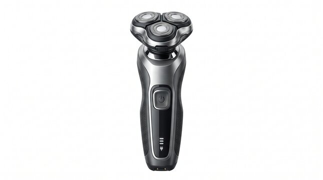 Modern electric shaver with rotary blades, professional cordless beard trimmer for men, metallic grey grooming tool isolated PNG with Transparent Background