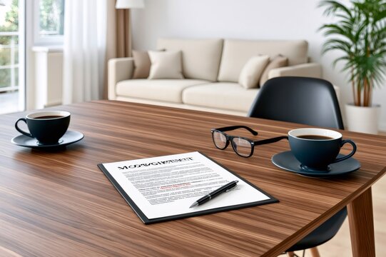 Business agreement document with coffee cups on table