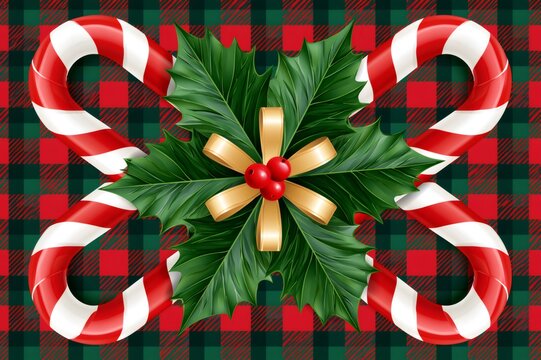 Holly, candy canes, and ribbon creating a Christmas plaid background