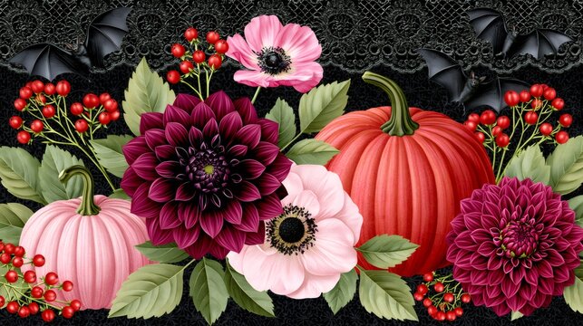 Halloween dark cottagecore floral pumpkins bats border