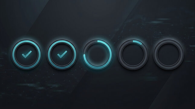 Circular progress indicators with checkmarks showing task completion status on dark background