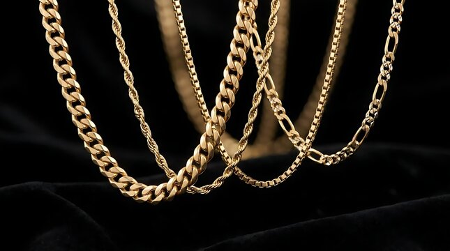 Gold chains hanging on black fabric