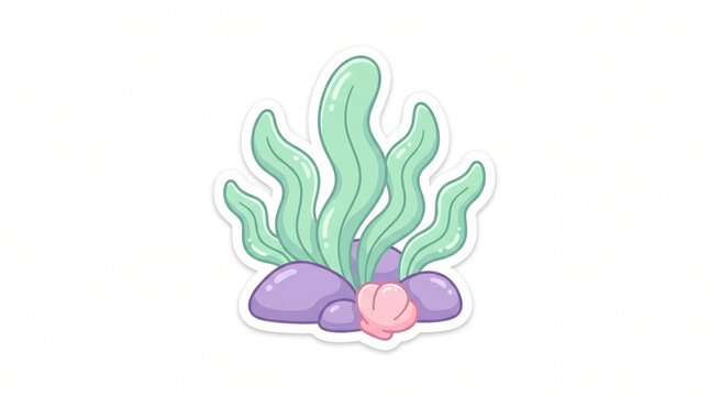 Cute cartoon seaweed sticker with seashells and purple rocks