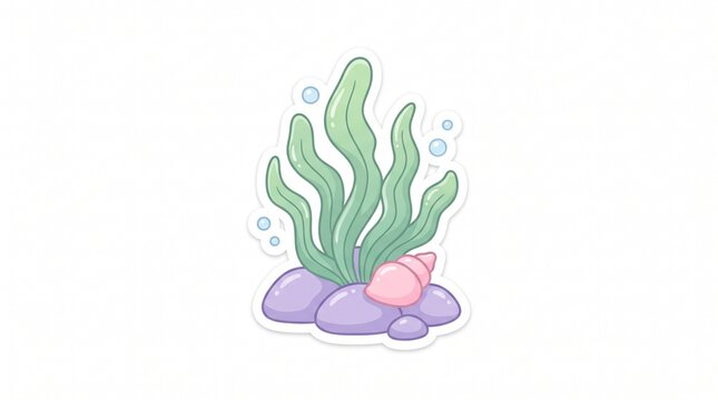 Cute cartoon seaweed plants with seashell on purple stones