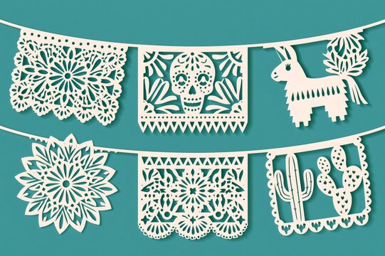 Papel picado banner showing skull, pi&ntilde;ata, and cactus