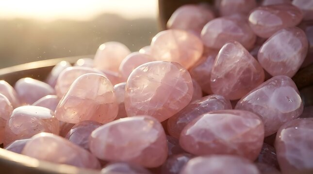 Polished rose quartz crystals in a bowl