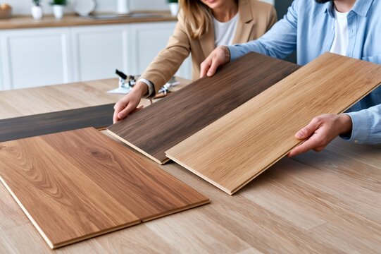 Couple choosing wood laminate floor samples for home renovation