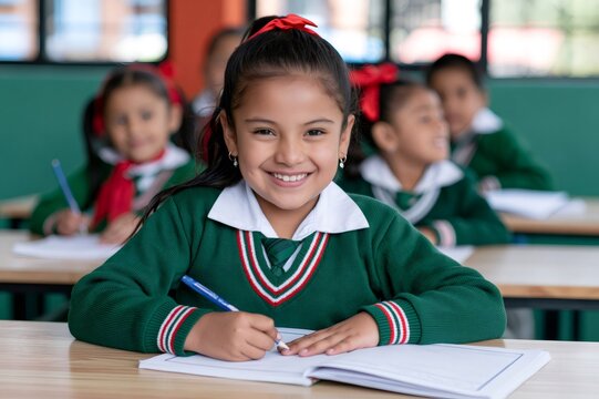 Young latin american girl smiling learning in classroom
