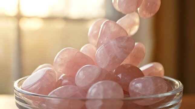Rose quartz stones in glass bowl