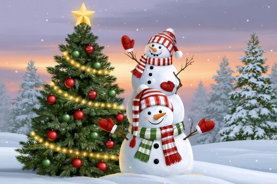 Snowman family enjoying winter Christmas holiday landscape