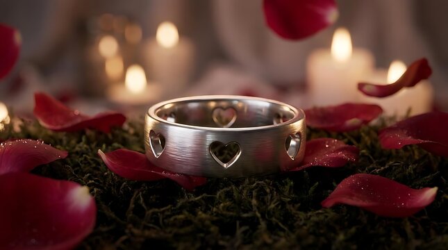 Silver ring with heart cutouts and rose petals