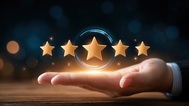 Hand holding five glowing golden stars above wooden