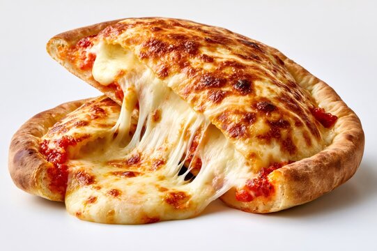 Calzone pulling melted mozzarella cheese strings