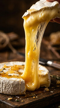A close up of a piece of melted brie cheese being pulled from a wheel.
