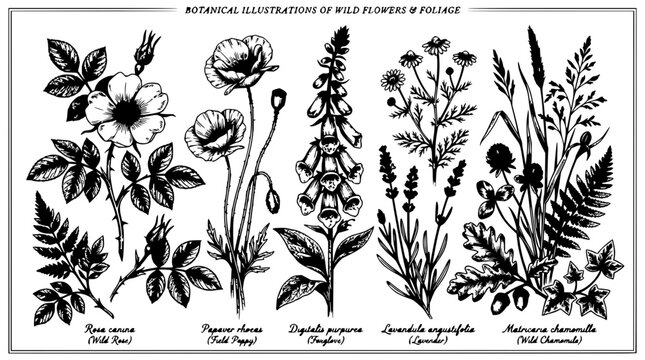 Wild flower set with detailed botanical illustrations featuring Rosa canina, Papaver rhoeas, Digitalis purpurea with Lavandula angustifolia and Matricaria chamomilla