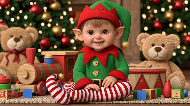 Cute baby elf sitting among christmas toys