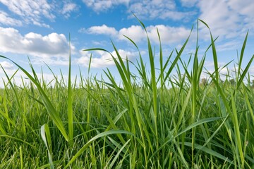 Obraz premium Green grass field growing under blue sky