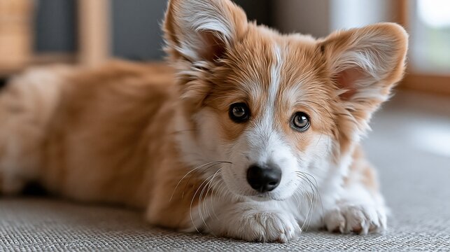 Cute fluffy corgi puppy resting indoors on carpet