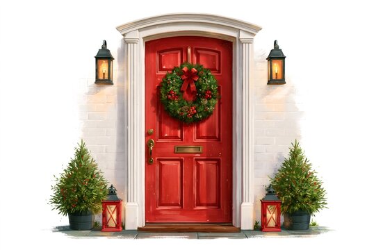 Red door with Christmas wreath and festive decorations