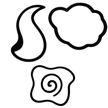 Three abstract black outlines of a swirl, a cloud shape, and a rounded square with a spiral on a white background.