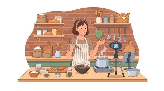 Woman Filming Cooking Tutorial in Kitchen