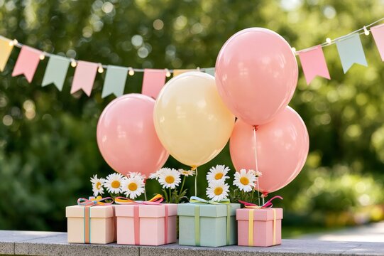 Balloons, gifts, and daisies for outdoor birthday party celebration