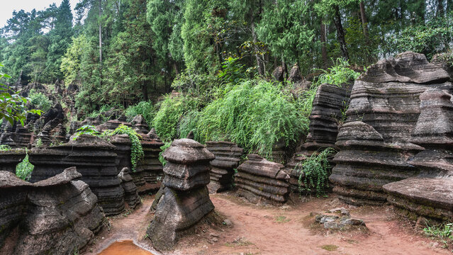 Bizarre red-brown karst rocks with undulating slopes and geological layers. lush green vegetation. China. Red Stone Forest National Geopark. Hunan Province