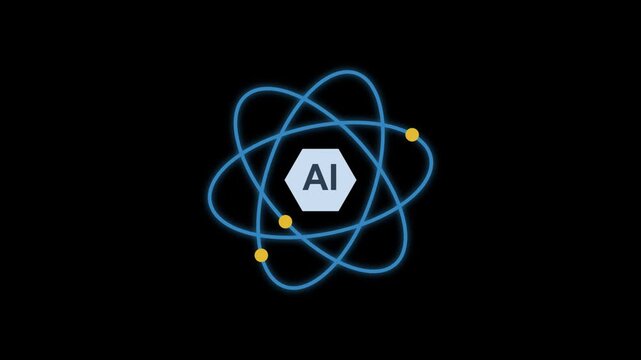 Artificial intelligence icon animation featuring orbiting electrons around hexagonal core representing modern digital innovation and technological science concept.