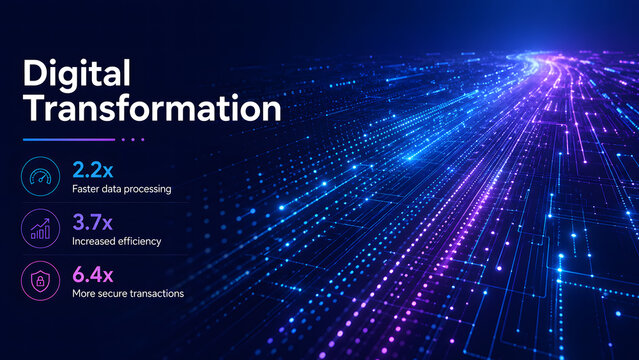 Digital transformation vector background with glowing perspective circuit lines. Business dashboard displays efficiency stats and tech icons. Ideal template for corporate data presentations.